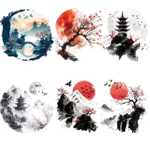 6 Pcs Landscape Ink Washable Heat Transfer Stickers, DIY Iron-On Decals for Clothing, T-Shirts, Backpacks, Hats Decoration Accessories, DIY Material, Handcraft