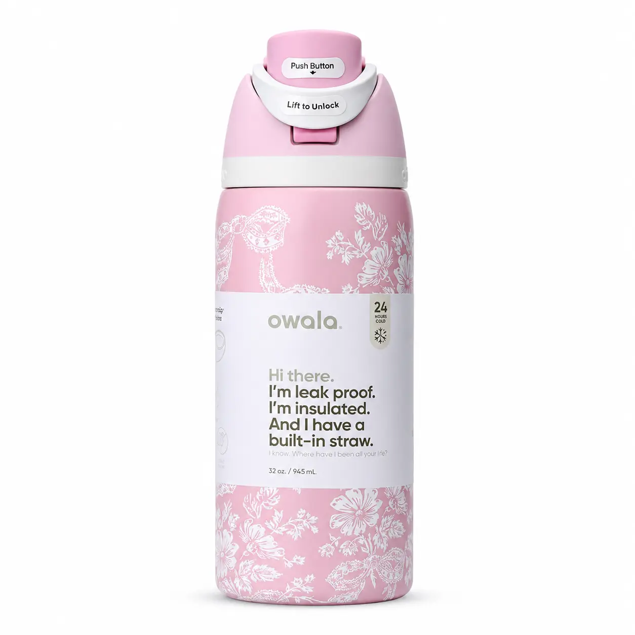 32oz Aesthetic Water Bottle for Women,Pink Cute Flowers Insulated Stainless Steel Straw Bottle with Carry Loop, Leak Resistant Owala FreeSip Bottle for School Work Gym & Travel