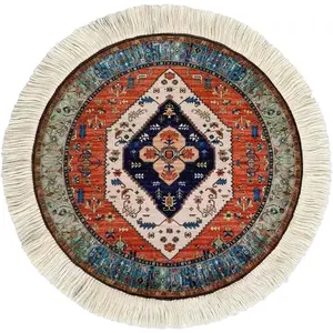P-MUW07   Round Persian Style Carpet Mouse Pad \u2013 Vintage Miniature Bohemian Rug Desk Pad, Non-Slip Computer Mouse Mat with Fringed Edges, Elegant Table Decor for Home &amp; Office Accessories