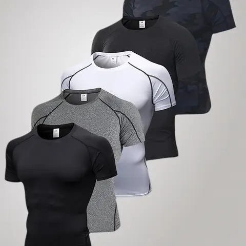 Male 5-Pack Skin-Tight Compression Shirts - 90% Polyester 10% Elastane, Breathable Sweat-Dry Fast, Stretch All-Seasons Gym Fitness Sportswear, Sports Activewear Tee for Running, Outdoor Athletic Use