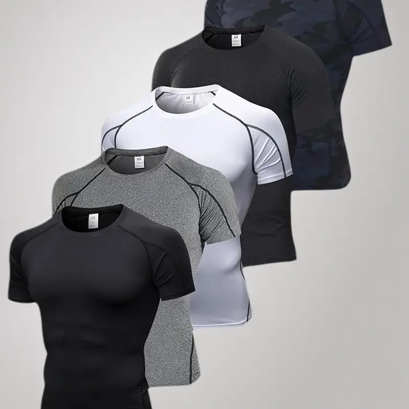 Male 5-Pack Skin-Tight Compression Shirts - 90% Polyester 10% Elastane, Breathable Sweat-Dry Fast, Stretch All-Seasons Gym Fitness Sportswear, Sports Activewear Tee for Running, Outdoor Athletic Use