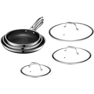 HexClad Hybrid Nonstick 6-Piece Fry Pan Set, 8, 10, and 12-Inch Frying Pans with Tempered Glass Lids, Stay-Cool Handles, Dishwasher-Friendly, Induction Ready, Compatible with All Cooktops