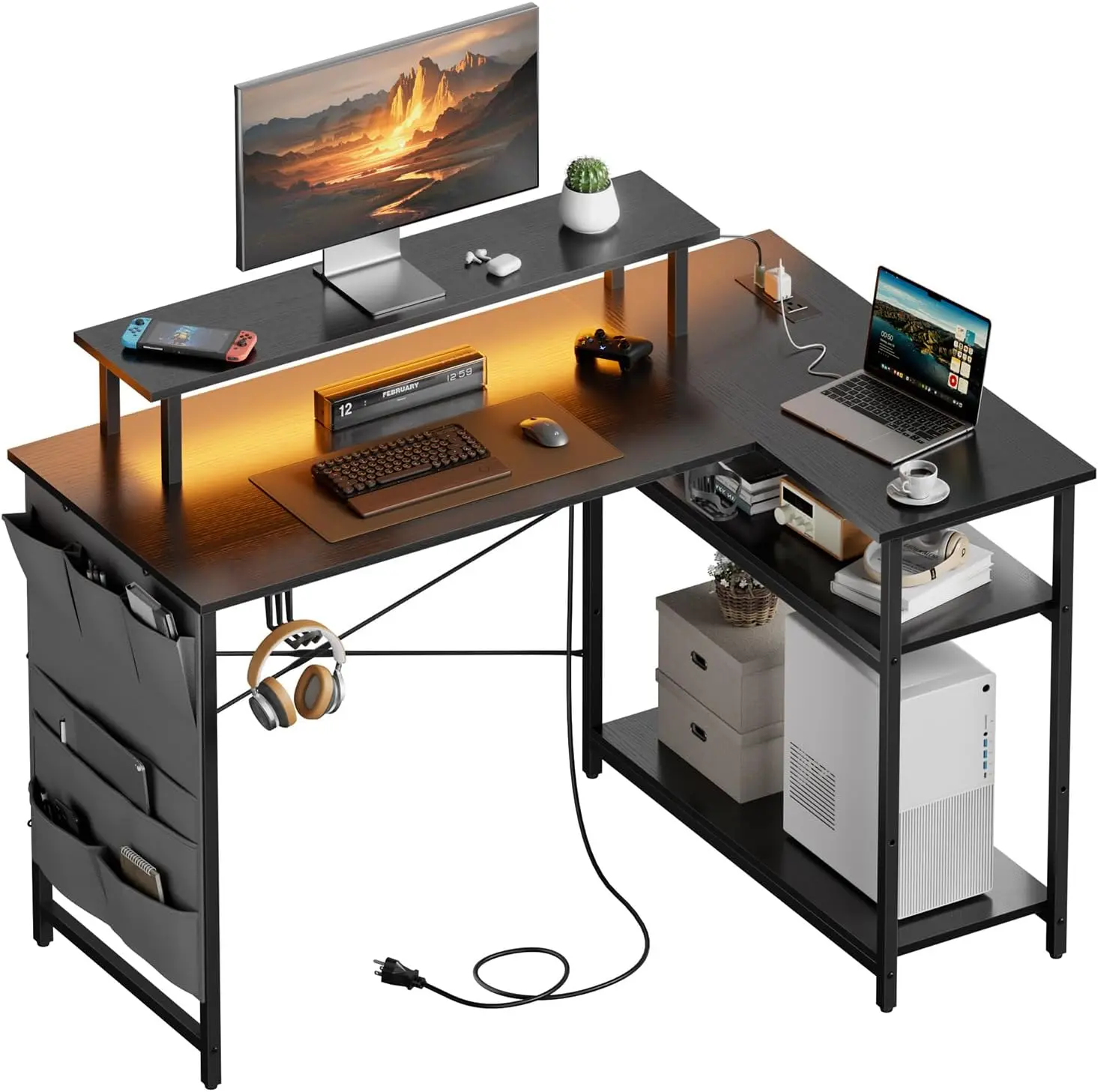 Ecofurnix Reversible L-Shaped Gaming Desk - 44-Inch Home Office Table with Thick Desktop, Power Outlet, LED Lights, Storage Shelves & Monitor Stand for Bedroom (Oval-Designed)