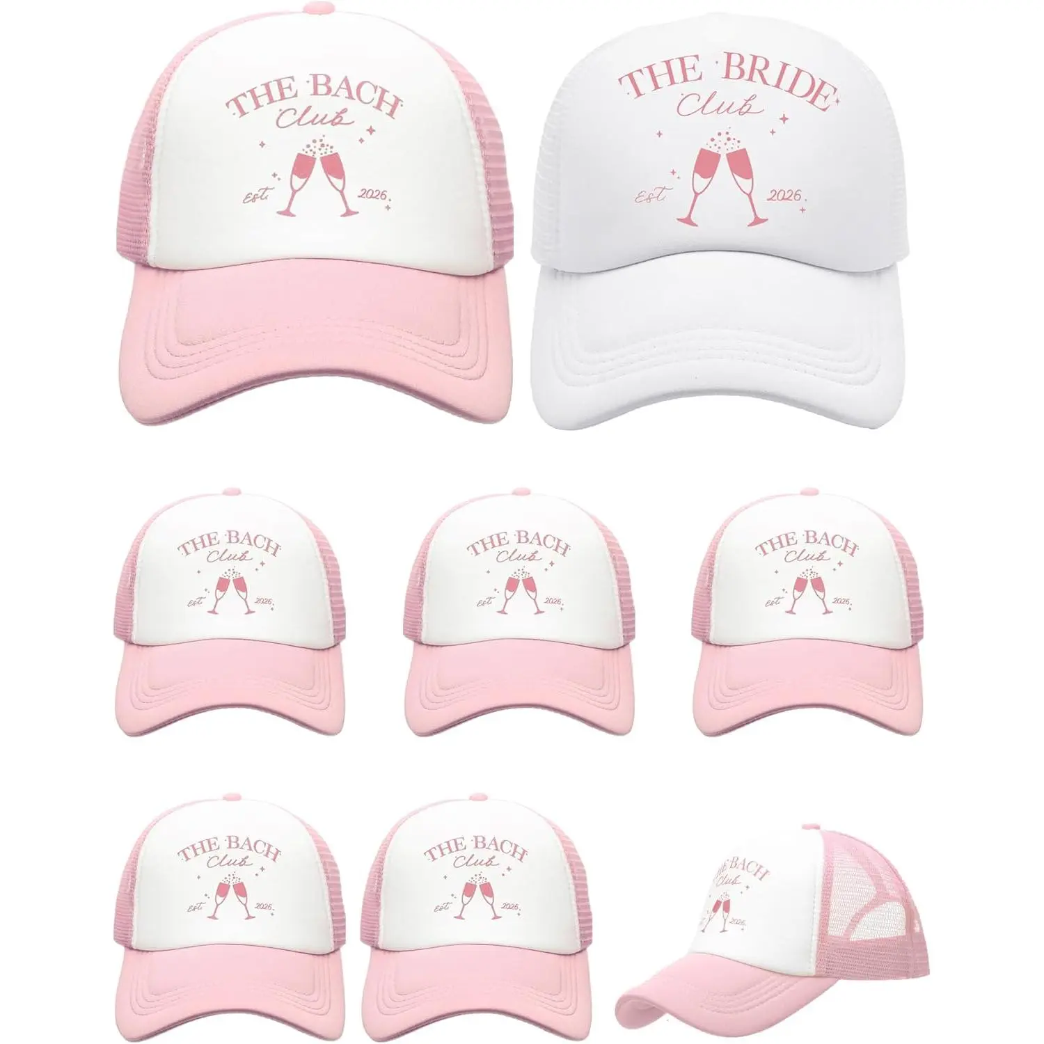 Bachelorette Party Trucker Caps, 8 Pack Set for Bride and Squad, Beachy Look Social Club Hats with Breathable Gauze and Adjustable Size, Sun Protection Hat, Pink Novelty Hats
