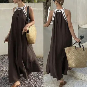 Women's Halter Neck Maxi Dress Casual Loose Fit Sleeveless Flowy A-Line Summer Beach Vacation Dress with Contrast Trim