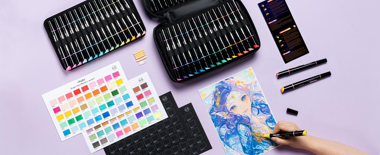 Ohuhu Acrylic Paint Pens:  Dual Tips (Round & Fine) - 90 Colors - Acrylic Markers High Opacity Paint Markers Waterproof Lightfast for Rock Painting Easter Eggs Wood Glass Ceramic Canvas - Kakaako Series of Ohuhuart
