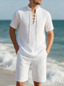 Men's Breathable Linen-Feel Tie-Up Short Sleeve Blouse & Shorts Set, Summer Vacation Casual Two-Piece, Slim-Fitting, Plain Pattern, Menswear