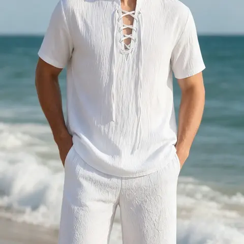 Men's Breathable Linen-Feel Tie-Up Short Sleeve Blouse & Shorts Set, Outfits Set, Matching Tropical Summer Vacation Casual Two-Piece, Slim-Fitting, Plain Pattern, Menswear Clothes