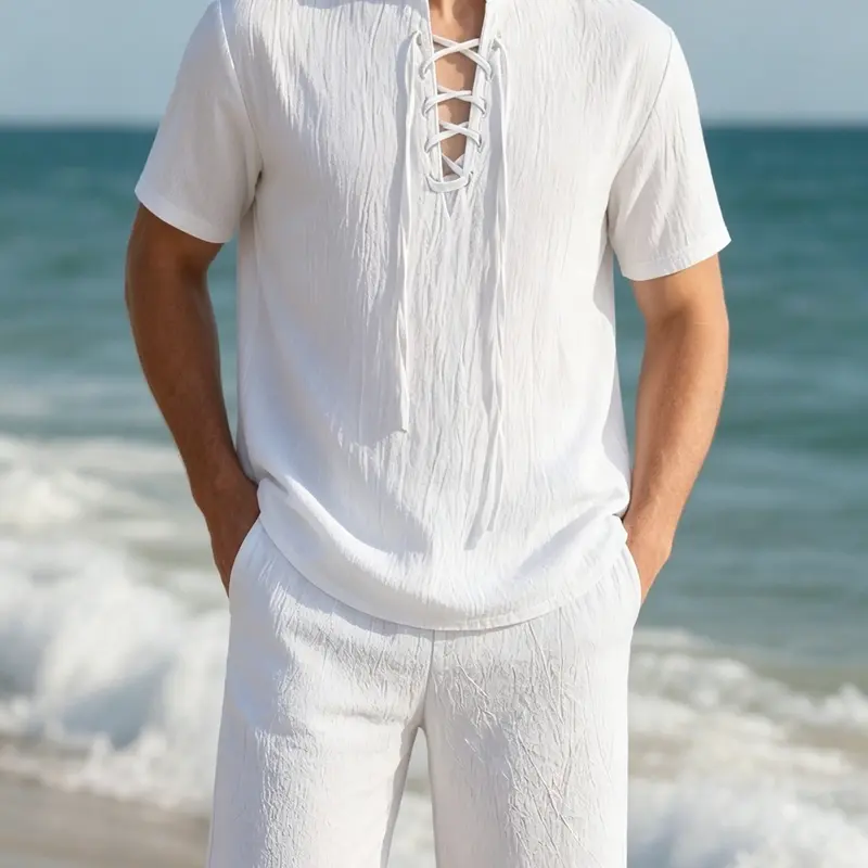 Men's Breathable Linen-Feel Tie-Up Short Sleeve Blouse & Shorts Set, Outfits Set, Matching Tropical Summer Vacation Casual Two-Piece, Slim-Fitting, Plain Pattern, Menswear Clothes