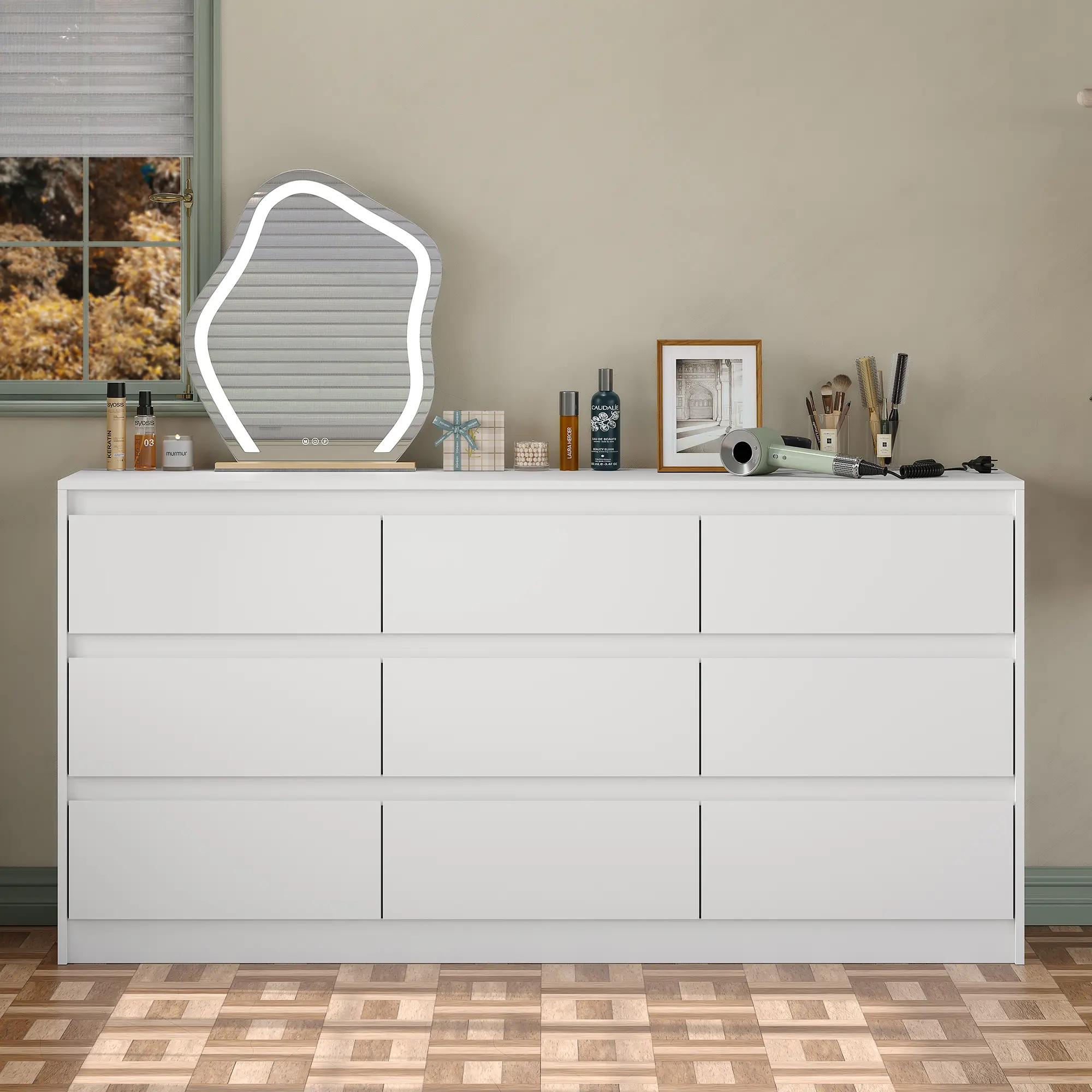 Five-drawer chest, off-white modern bedside cabinet, storage vanity unit. Nine-drawer sleek minimalist design with ample storage space. Simple assembly ensures sturdy durability. Ideal for living rooms and bedrooms—the perfect storage solution.
