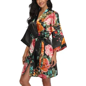 Floral Silk Kimono Robe - Short Satin Bridal & Bridesmaid Bathrobe
