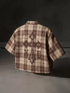 Vintage Classic Cross Print Checked Plaid Short Sleeve Shirt, Casual Fitted Long Shirt, H-Type Silhouette, Striped Pattern, Perfect for Everyday Wear