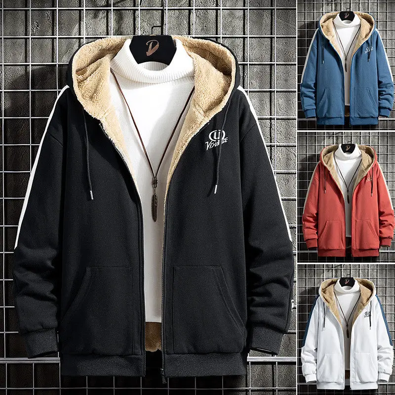 Men's Casual Letterman Cardigan - Long Sleeve Loose Fit Sherpa Fleece Sweater Jacket, Polyester Outerwear with Letters for Teens, 2XL 3XL 4XL Menswear Tops