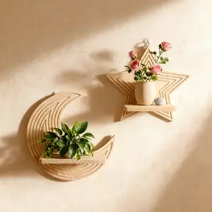 Bohemian Star Moon Shape Creative Pine Wood Wall Planter Shelf, Handmade Wooden Craft, Home Decor, Unique Artisanal Piece