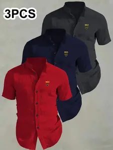 3-Pack Men's Summer Short Sleeve Shirts, Breathable Solid Collar Button-Up Print, Ideal for Beach Pool, Casual Swimwear, Perfect for Summer, Casual Summer Style
