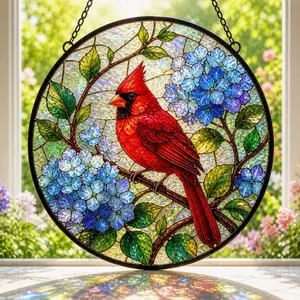 Red Cardinal Stained Glass Suncatcher, Hydrangea Bird Window Hanging, Memorial Nature Lover Decor Gift