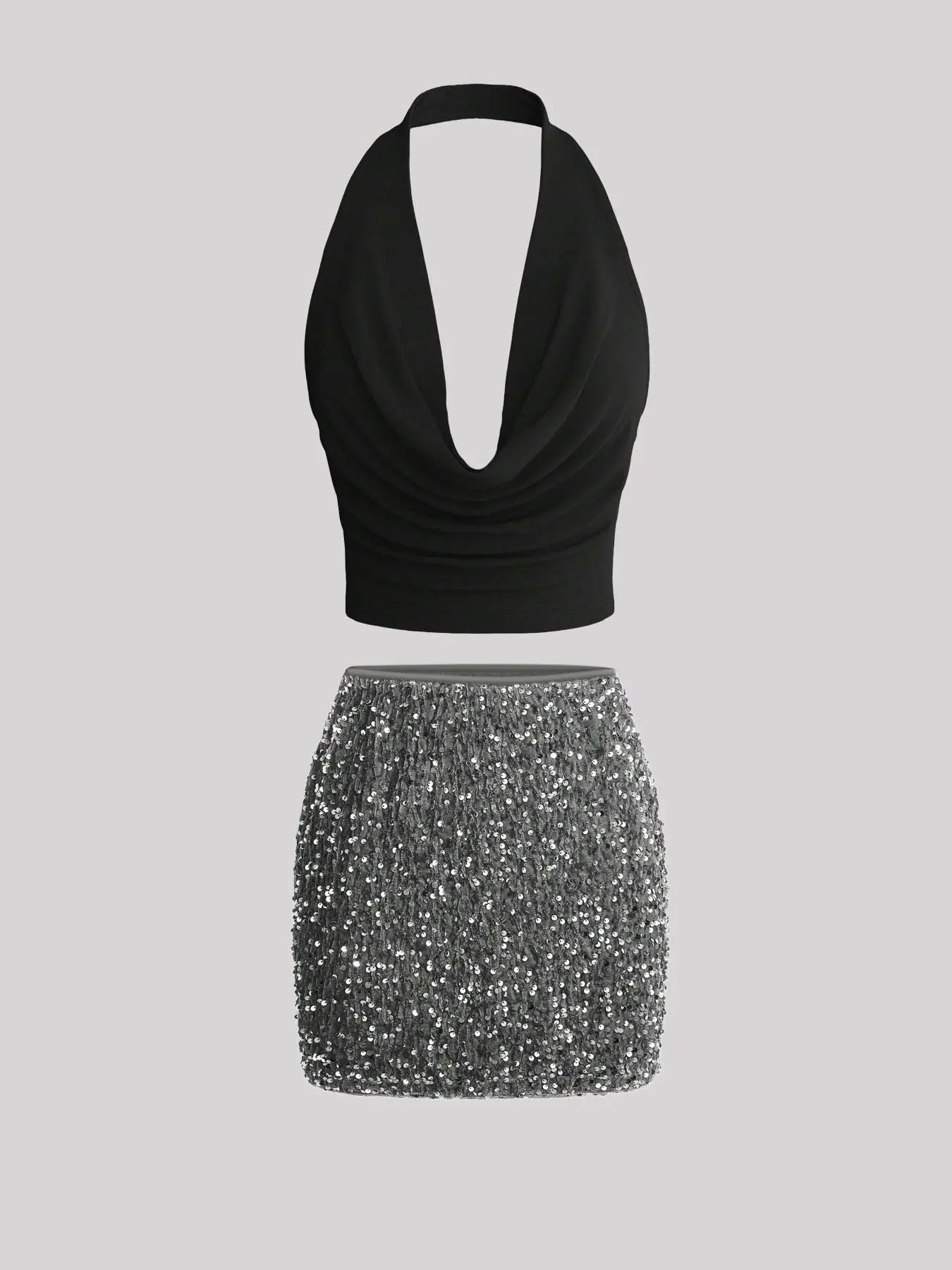 Women's Ruffled Neck Halter Shiny Sequin Bodycon Skirt Set, Elegant, Temperamental & Sexy Style, Perfect for Christmas, Music Festivals, Valentine's Day, Parties, Gatherings, Cocktail Parties, Dance Performances & Other Occasions.