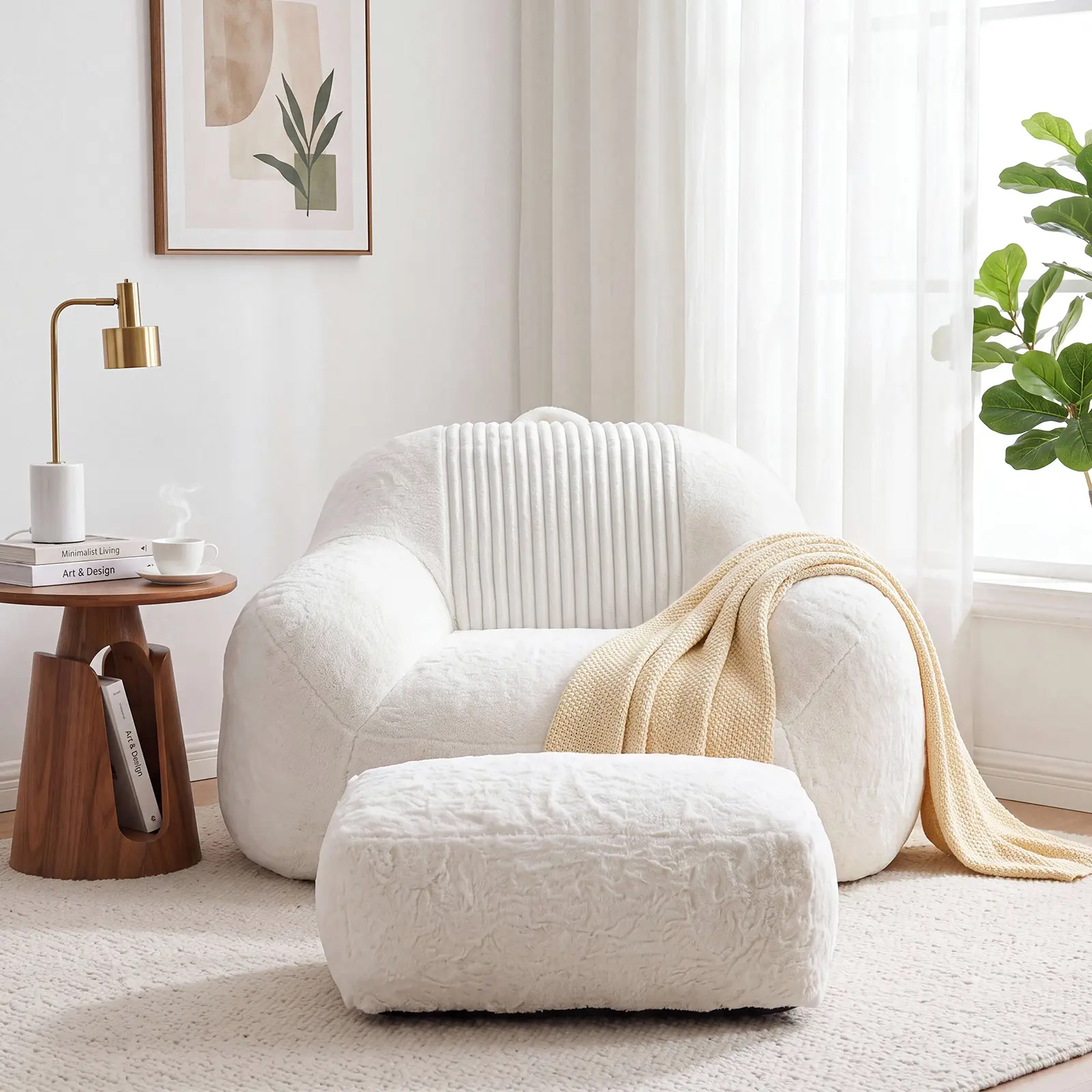 VOWNER Modern Faux Fur Lazy Sofa Chair with Fixed Arms - 3-in-1 Ottoman Footrest, Oversized Full Body Support, Pre-Assembled, Removable Washable Cover, Soft Squishy Living Room Furniture & Decor for Adults, Living Room Decor