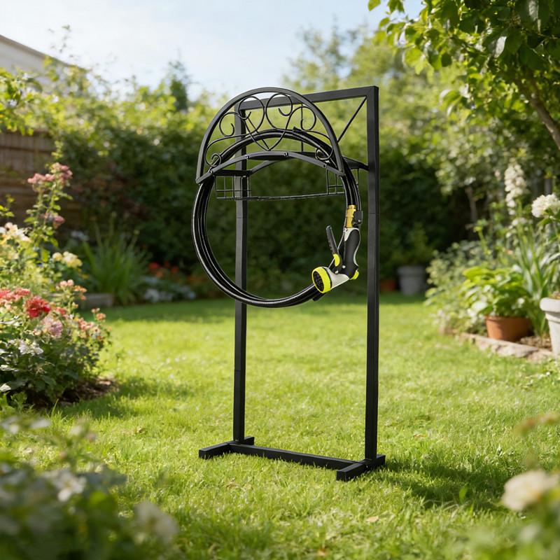 Upgraded Garden Hose Holder with Storage Basket – Holds 151ft Hose, Heavy Duty Freestanding Water Hose Stand, Rustproof Steel, 4-Anchor Stable Base, Detachable for Easy Storage – Outdoor Use for Yard, Lawn, Farm