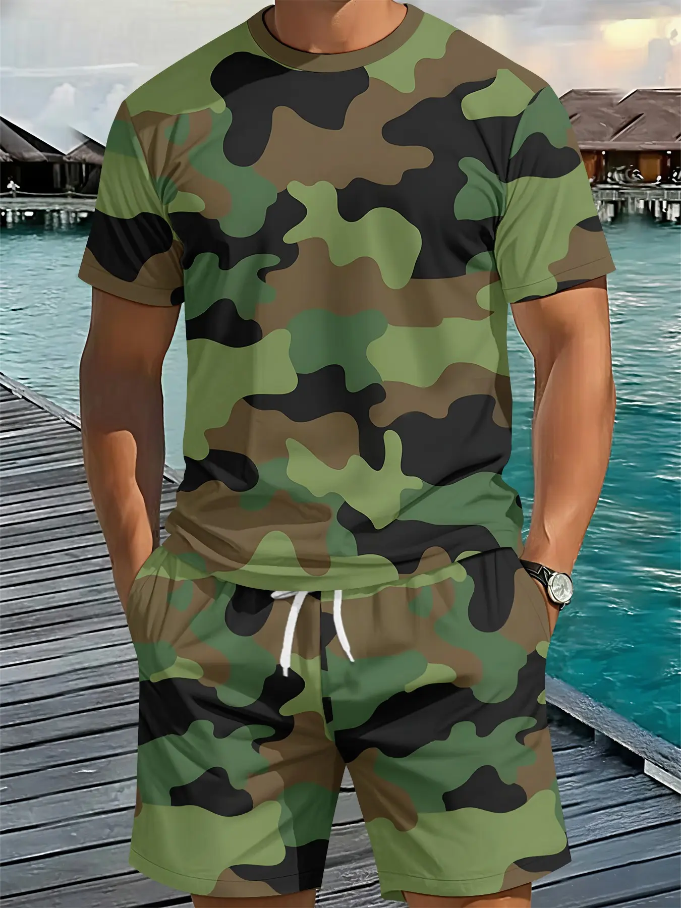 Classic jungle camouflage print 3D digital print two-piece set, 2Pcs, Stylish, trendy fashion suit, retro casual set, resort-style outfit, breathable sports casual style, holiday gift for men, Tropical, Aesthetics, Menswear