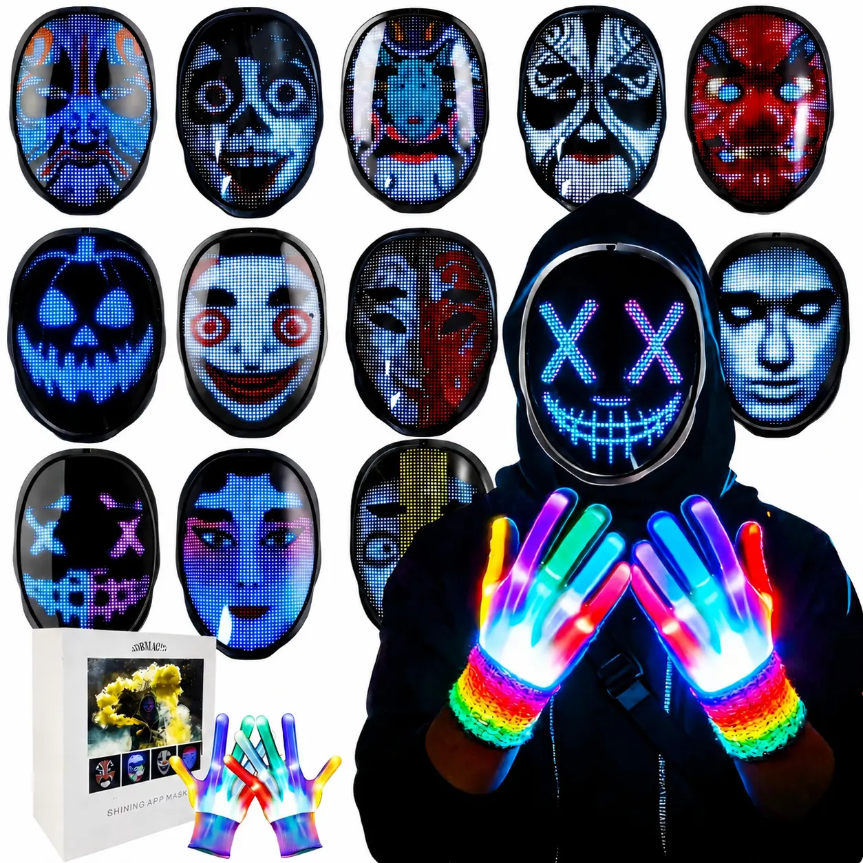 Rechargeable Bluetooth LED Mask with Gloves Set, 115 Patterns Light Up Mask, Interactive Fidget Toy for Halloween Cosplay Costume, Music Festival, Rave Party, Birthday Gifts for Teens Adults