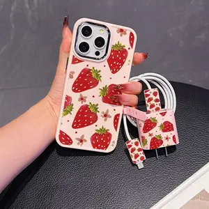 Metal Frame iPhone Case 5 Piece Set, Strawberry Flower Design Protective Case with Charging Head and Storage String, Compatible with iPhone 11 to 16