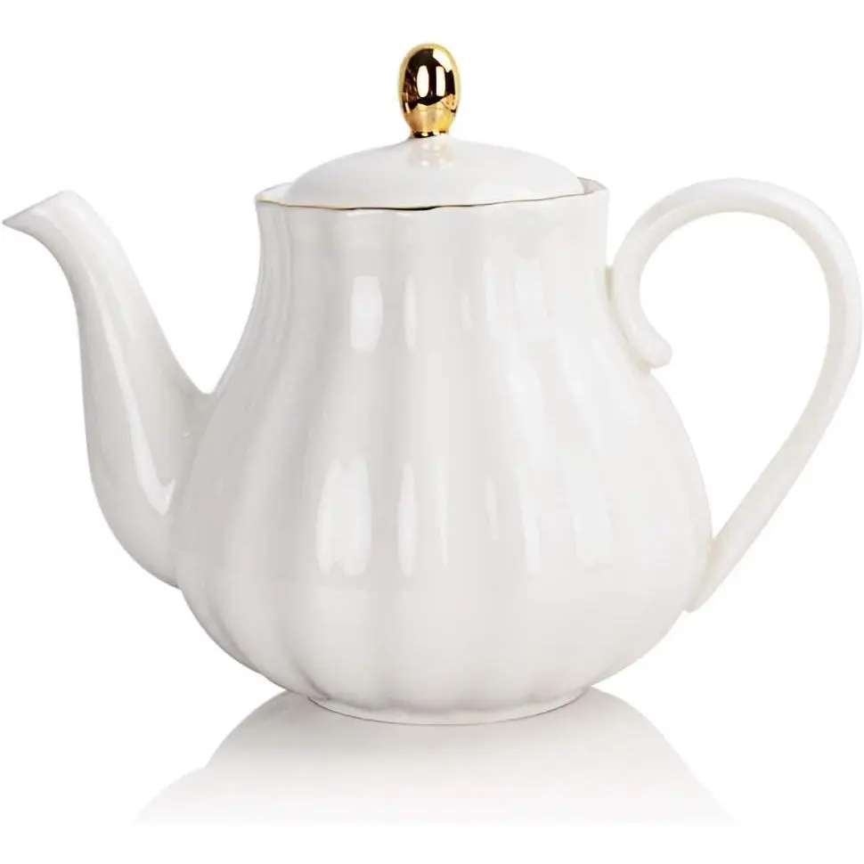 Royal Teapot, Ceramic Tea Pot with Removable Stainless Steel Infuser, Blooming & Loose Leaf Teapot - 28 Ounce(White)