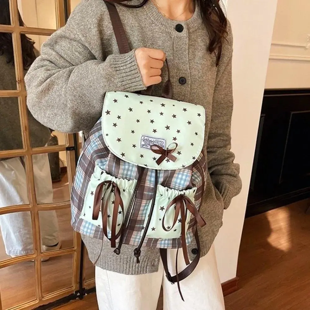 Sweet Bow Double Shoulder Bag Star Print Contrast Color Student Schoolbags Plaid Pattern Grid Pattern Mint Green Small Backpack