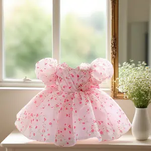 3081 Girl Sweet Pink Dress with Floral Bow & Multi-Layered Design Perfect for Birthday Party Gift