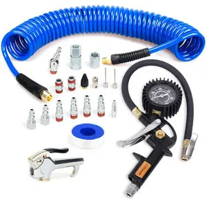 20-Piece Compressor Accessory Kit 1/4" x 25ft Blue Poly Air Hose Tire Inflator Gauge Blow Gun Swivel Plug Quick Connect Fittings