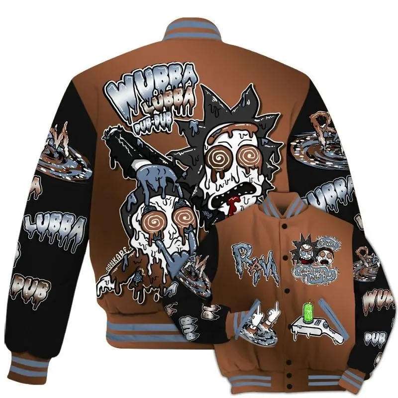 Riick And Mortyy Wubba Lubba Dub Dub Baseball Jacket, Trippy Cartoon Graphic Outerwear For Men Women, Psychedelic Art Print, Warm Winter Bomber Jacket