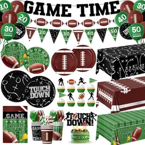 Football Party Set for 24Pcs Touchdown Plates, Napkins, Tablecloth & Banner for Game Day Decor