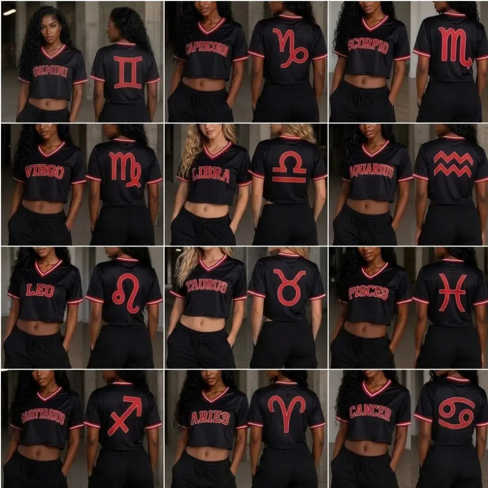 Zodiac Sign Crop Top Jersey, Black V-Neck Short Sleeve Athletic Tee with Red Varsity Lettering & Back Symbol, Perfect Birthday Gift for Her & Besties