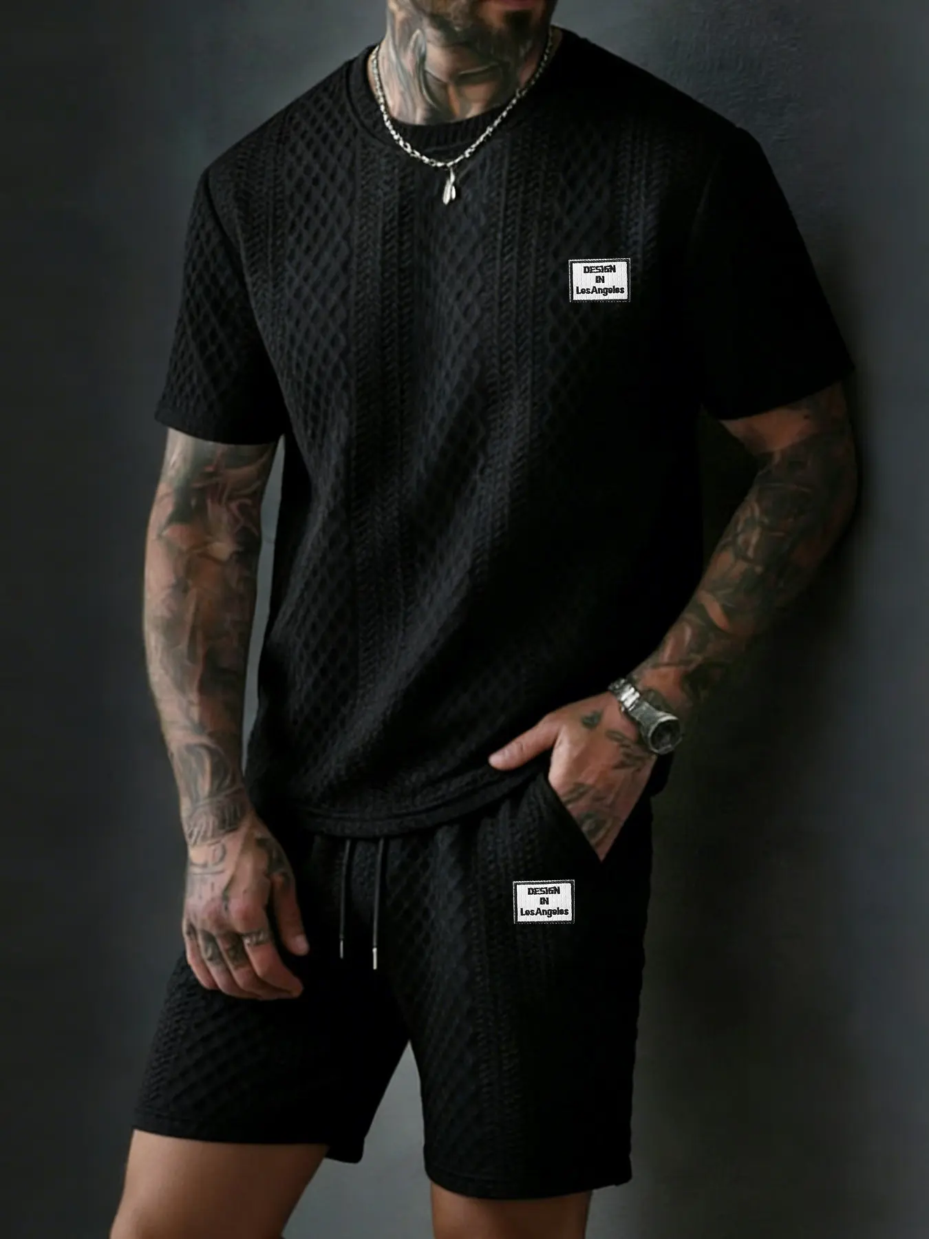 Men's Summer Casual Knit Texture Tee Set, Fashion Drawstring Shorts, Simple Print Design, Outdoor Play Running Fitness, Perfect Gift