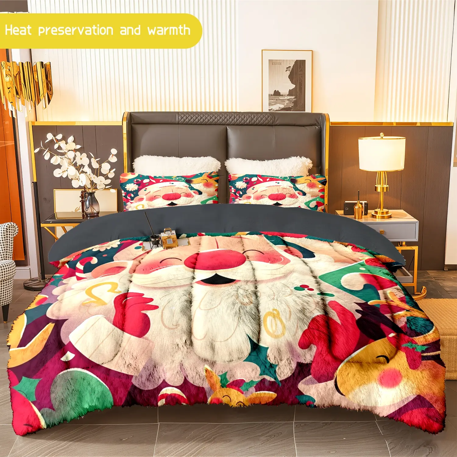 3pcs (1 comforter + 2 pillowcases) Christmas Santa Claus Flannel & Milk Velvet Comforter Set, Soft Warm Cozy Bedding Set for Adults, Trendy Flannel and Milk Velvet Bedding Essentials