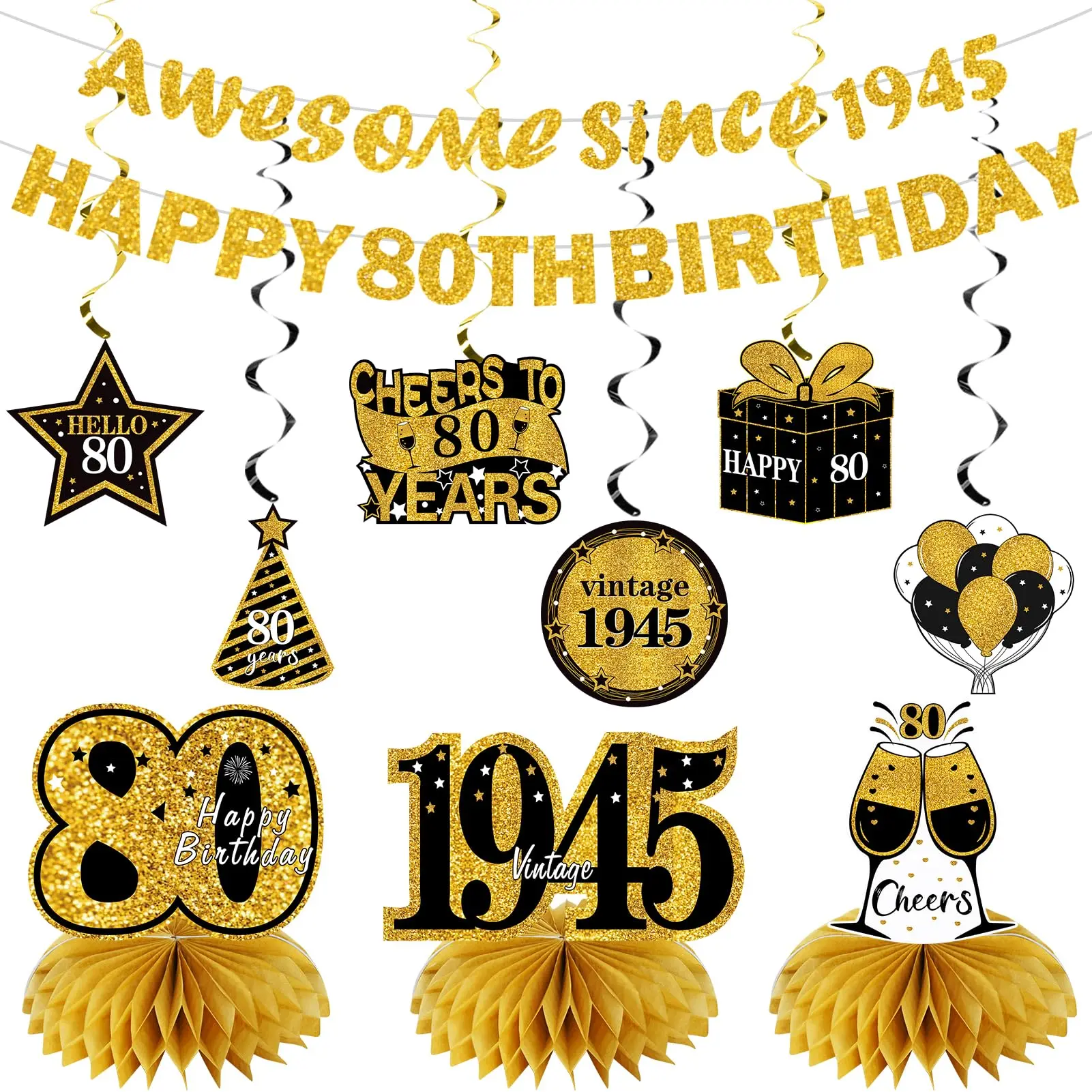 11Pcs 80th Birthday Decorations Kit, Black Gold Happy 80th Birthday Banner, Since 1945 Centerpieces Swirls Set