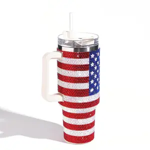 50% OFF  Red White Blue USA FLAG Rhinestone 40oz Double Wall Stainless Steel Vacuum Tumbler With Handle