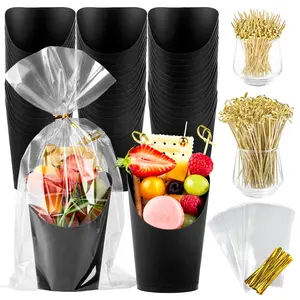 50 Sets 14 oz Charcuterie Cups with Sticks and Bags, Individual Black Paper Charcuterie Boxes Disposable Individual Appetizer Serving Cups (50 Cups + 200 Cocktail Picks + 50 Bags + 50 Ties)