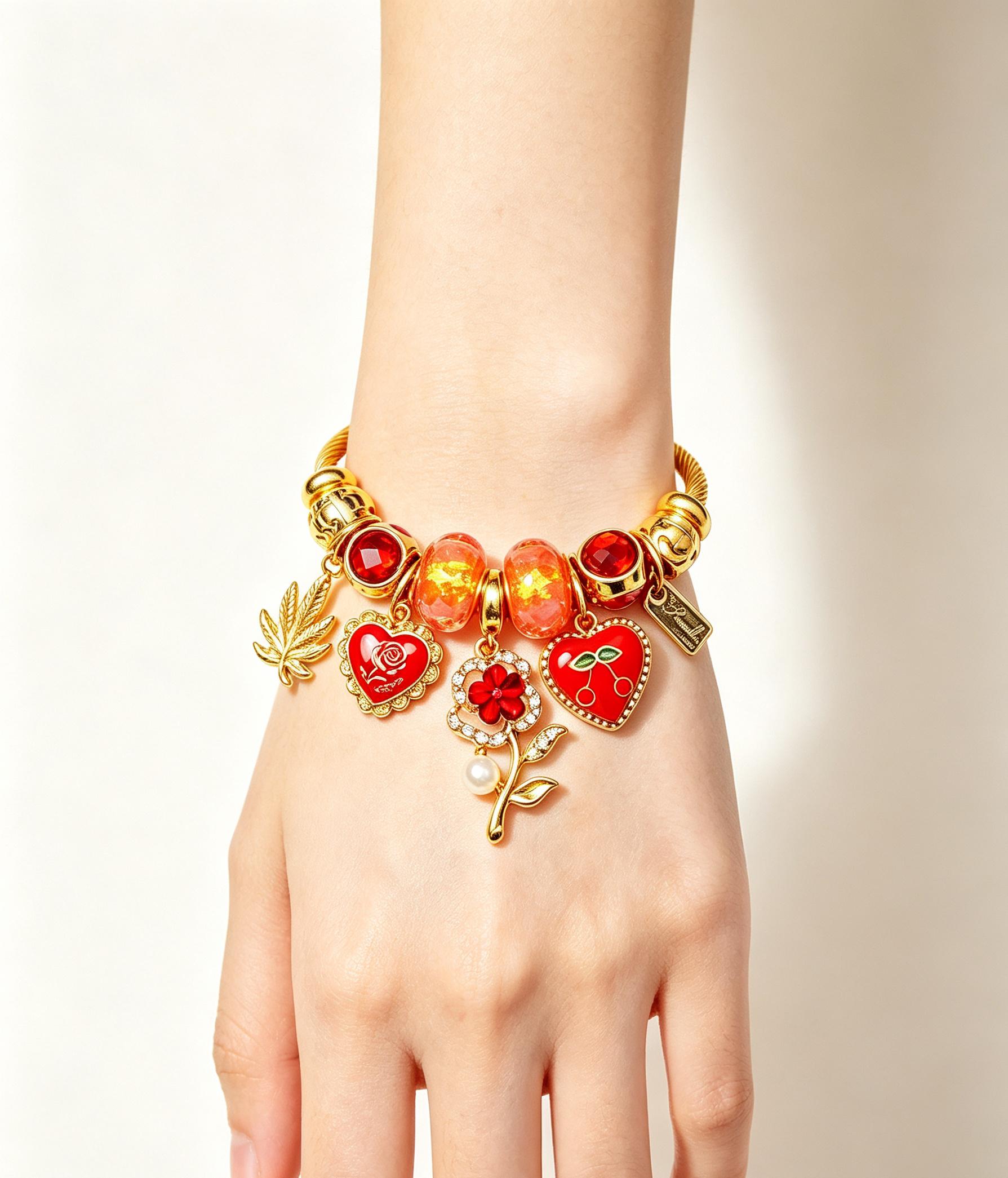 Charm Open Cuff Bangle Bracelet, Gold Twisted Wire Bracelet with Red Heart Cherry Rose Flower Charms, Dainty Adjustable Beaded Bracelet Jewelry Gift for Women Girls
