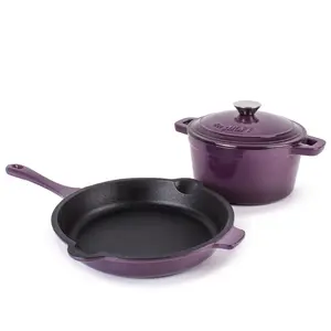 BergHOFF Neo 3pc Cast Iron Cookware Set, Fry Pan & Round Dutch Oven, Purple