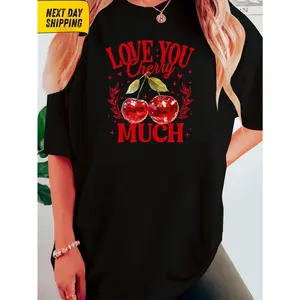 Women's Cherry Print T-Shirt - Cute Cherry & "Love You Much" Slogan Short Sleeve Crew Neck Top, White with Red Cherries & Pink Bow Tie Design, Casual Spring Summer Blouse, Machine Washable Casual Attire Gift Idea