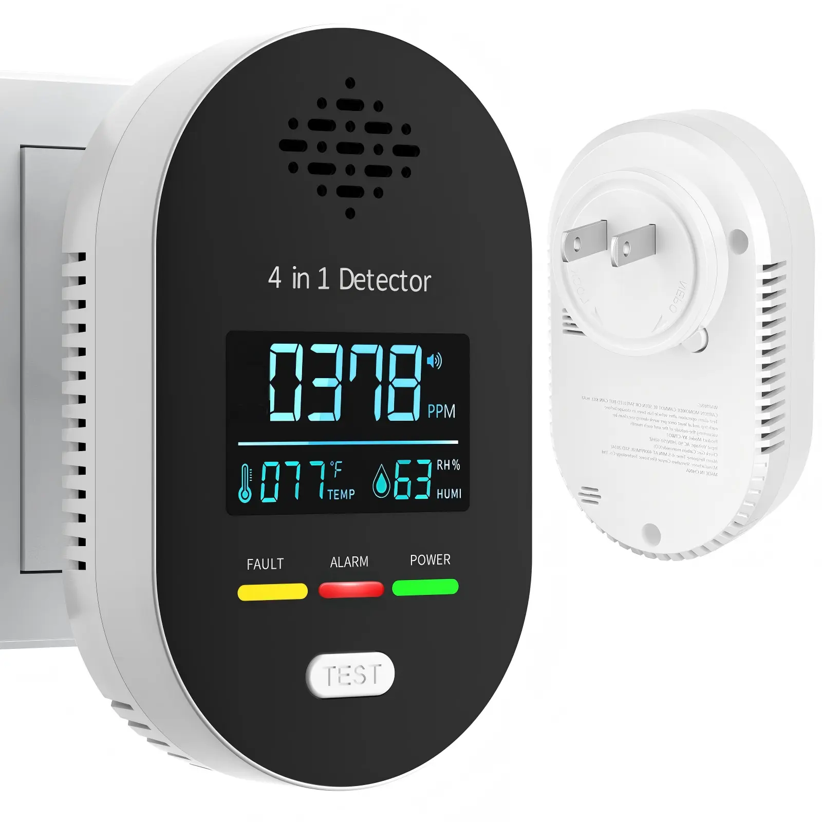 4-in-1 Portable Detector with Temperature Humidity Sensors,  Digital Plug-and-Play Zero Setup Sensor & Audio Feedback for Kitchen, Garage, RVs, Apartments