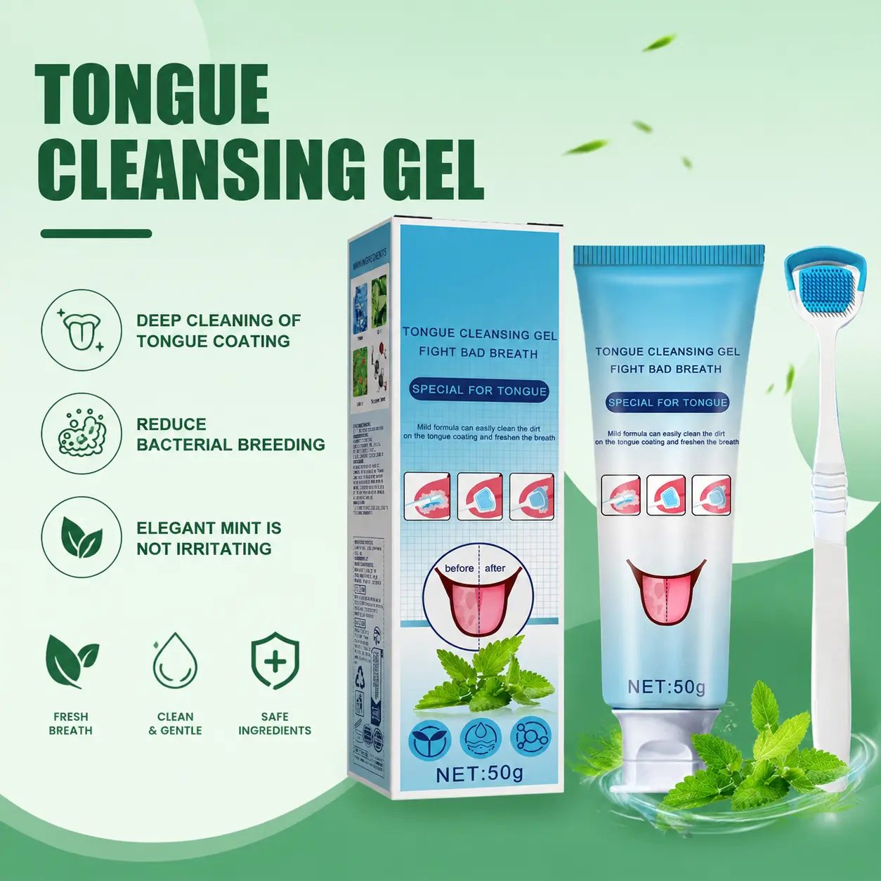 Tongue Cleaning Gel with Built-In Tongue Brush, Tongue Coating Remover for Fresh Breath, Deep Cleansing Oral Care Gel Helps Remove Tongue Coating, Reduce Bad Breath & Odor, Gentle Daily Tongue Cleaner with Mint Formula for Adult Oral Hygiene