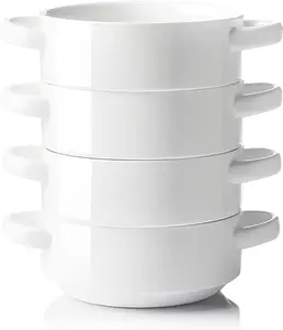 Ceramic Soup Bowls with Double Handles, 20 Oz Stacked Bowls for French Onion Soup, Cereal, Pot Pies, Stew, Chill, Pasta, Set of 4 (White)