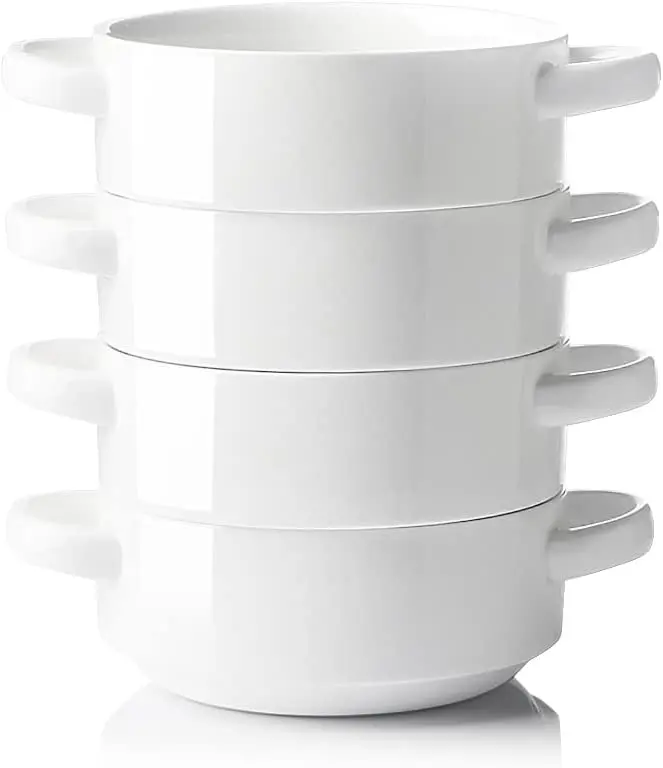 Ceramic Soup Bowls with Double Handles, 20 Oz Stacked Bowls for French Onion Soup, Cereal, Pot Pies, Stew, Chill, Pasta, Set of 4 (White)