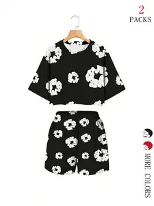 Women's Floral 2-Piece Set, Casual Lightweight Womenswear Crop Top & Shorts, Y2K Style Summer Wear, Comfortable Beach Vacation Clothing, Breathable Fabric Fit Fashion