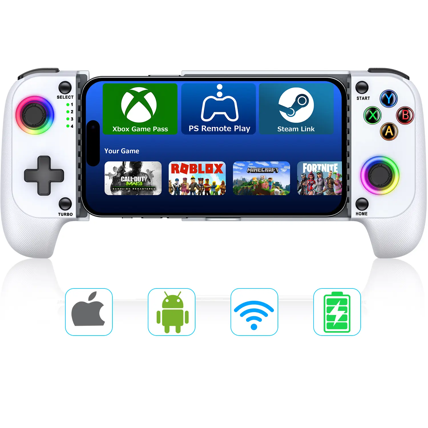 Wireless Phone Game Controller with Hall Effect Joysticks, RGB Color Changing Lighting, Rechargeable Case Support for iPhone/Android Smartphones - Universal Gaming Accessory, Tech Gadget