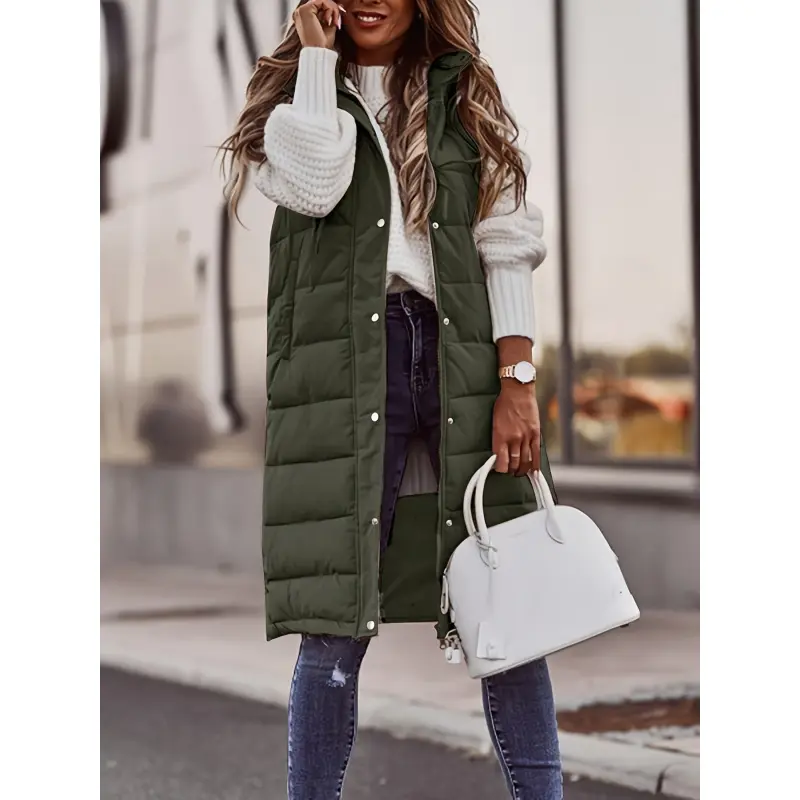 2026Women's Long Hooded Vest |     Casual Sleeveless Polyester Quilted Jacket, Front Zipper Closure and Pockets |     Solid color black |     Warm, non-stretch fabric |     Ideal Choice for Layering in Autumn and Winter Womenswear Tops Basic Fitted