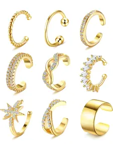 9pcs 14k Ear Cuff Earrings, Non Pierced Ear Clips, Casual Hoop Earrings, Huggie Hoop Earrings, Stainless Steel, All Seasons, Daily Wear