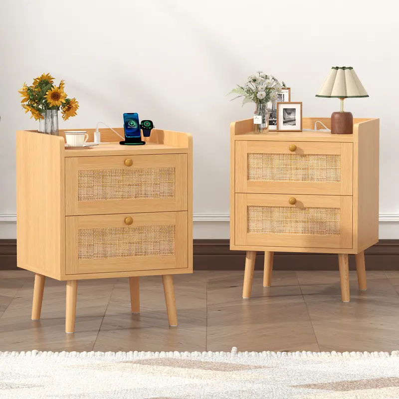 Natural Rattan Boho Nightstand with Charging Station, 2 Drawers - Modern Side Table, Handmade Texture Rectangular Indoor Furniture, Easy Setup Aesthetic Home Decor for Bedroom